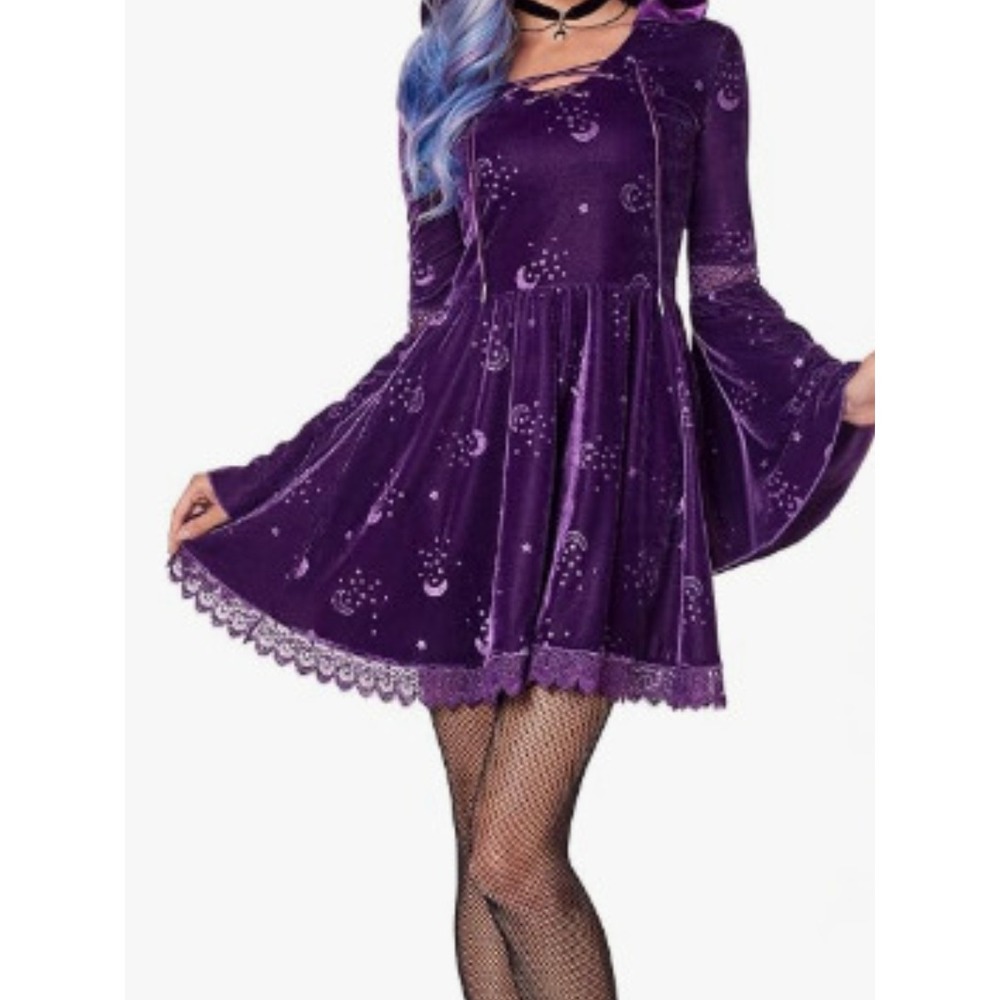 Witchy Hooded Dress Purple Velvet Celestial Moon Bell Sleeve Whimsygoth Costume